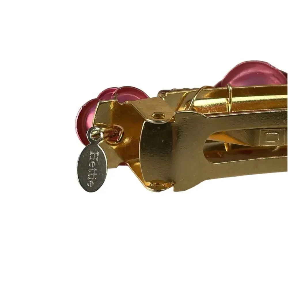 Signed Hattie Gold Plate Pink Roses Clear Crystals Pyramids French Clip Barrette